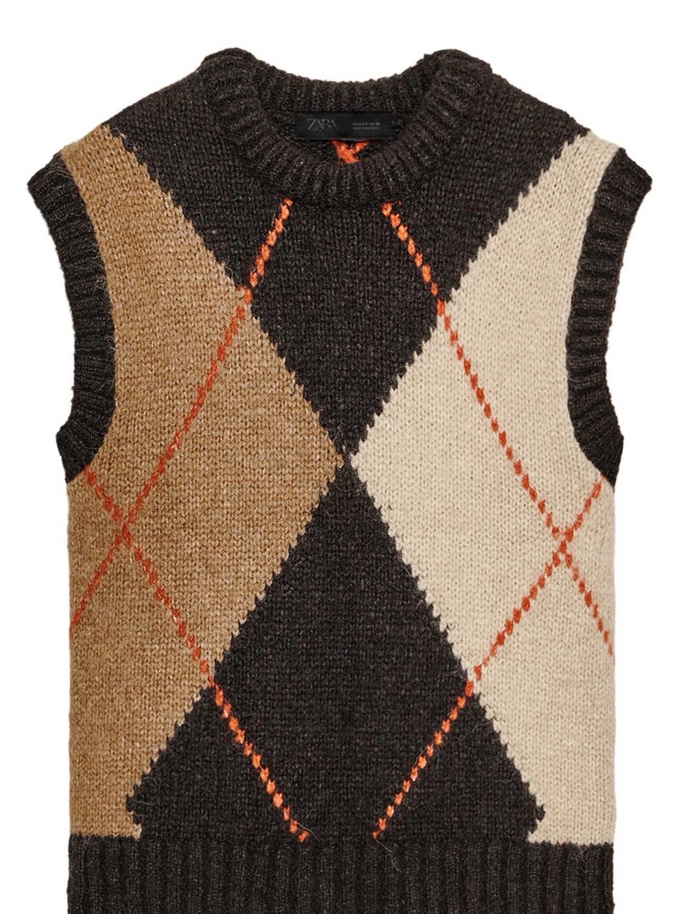 Zara Black, Cream & Brown Argyle Knit Sleeveless Sweater Vest - Picture 4 of 5